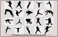 set vector silhouettes parkour,Set parkour silhouette vector illustration.Silhouettes of people engaged in parkour