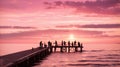 Silhouettes people catch fishing sunset Royalty Free Stock Photo