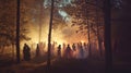 Silhouettes of People in a Foggy Forest at Night Royalty Free Stock Photo