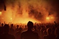 Silhouettes of people in front of concert stage, crowd of fans enjoying performance of musical group. Entertainment of