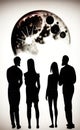 Silhouettes of people and full moon Royalty Free Stock Photo