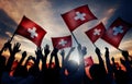 Silhouettes People Holding Flag Switzerland Concept