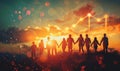 Silhouettes of people holding hands at sunset, symbolizing unity, teamwork, and collaboration. A glowing line graph Royalty Free Stock Photo