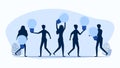 Silhouettes of people holding light bulbs. The concept of people showing creativity. brainstorming vector