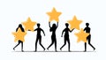 Silhouettes of people holding stars. Consumer reviews of customer satisfaction ratings. Criticism icon concept