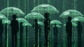 Surreal binary code rain, silhouettes with digital umbrellas, concept of data protection Royalty Free Stock Photo