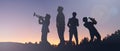 Silhouettes people of jazz musicians standing on a hill with instruments against the backdrop