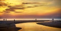 Silhouettes of people and man on bike enjoying a walk by the Black sea coast in Anapa, Russia