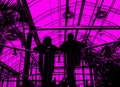 Silhouettes of people on pink