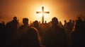 Silhouettes of people praying to a cross in light created with Generative AI. Religious scene Royalty Free Stock Photo