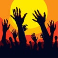 Silhouettes of people raised hands at sunset. Vector illustration. Generative AI