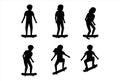 Set of silhouettes of children who ride a skateboard and do tricks