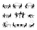 Silhouettes of people sitting at a table, various social situations, stick figure people, pictogram of a person