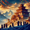 ancient temple Tibet snow mountains Royalty Free Stock Photo