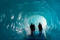 Silhouettes of people visiting thee ice cave of the Mer de Glace glacier, in Chamonix Mont Blanc Massif, The Alps France