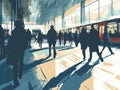 Silhouettes of people walking in the airport terminal. illustration. Generative AI Royalty Free Stock Photo