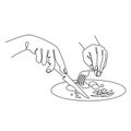 Silhouettes of a person's hand holding a fork and a knife in a modern single line style. Etiquette at the table