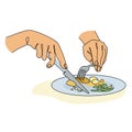Silhouettes of a person's hand holding a fork and a knife in a modern single line style. Etiquette at the table