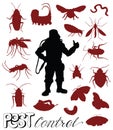 Silhouettes of pest insects and exterminator man