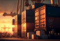 Silhouettes of port cranes at stunning red sunset. Cargo ship terminal at sunset. Generative AI