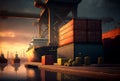Silhouettes of port cranes at stunning red sunset. Cargo ship terminal at sunset. Generative AI