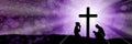 Silhouettes of praying woman and man under the cross in purple color Royalty Free Stock Photo