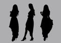 Silhouettes of pretty women group pose on grey colour background, flat line vector and illustration.