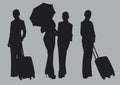 Silhouettes of pretty women group pose holding umbrella and suitcase prepare go to travel on grey colour background.