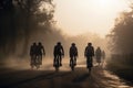 Silhouettes of professional cyclists on road at sunset. Generative AI