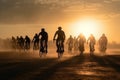 Silhouettes of professional cyclists on road at sunset. Generative AI