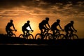 Silhouettes of professional cyclists on road at sunset. Generative AI