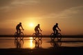 Silhouettes of professional cyclists on road at sunset. Generative AI