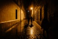 Silhouettes in a rainy cobblestone street at night Royalty Free Stock Photo