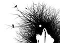 Silhouettes of ravens on black branches and figures of a wolf and a hooded woman under the moon. Black ink on white background Royalty Free Stock Photo