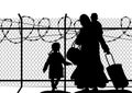 Silhouettes of refugee with two children standing at the border. Immigration religion and social theme