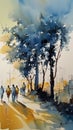 Silhouettes of Refugees Walking Up a Blue Road with Trees and Buildings. Conceptual Watercolor Illustration for Humanitarian