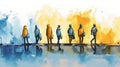 Silhouettes of Refugees Walking Up the Road in Blue and Yellow Watercolor. Ideal for Posters and Landing Pages.