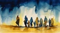 Silhouettes of Refugees Walking Up the Road in Blue and Yellow Watercolor. Ideal for Posters and Landing Pages.