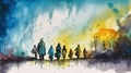 Silhouettes of Refugees Walking Up the Road in Blue and Yellow Watercolor. Ideal for Posters and Landing Pages.
