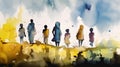 Silhouettes of Refugees Walking Up the Road in Blue and Yellow Watercolor. Ideal for Posters and Landing Pages.