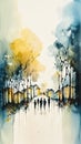 Silhouettes of Refugees Walking Up a Road with Trees and Buildings in Blue Watercolor. Ideal for Humanitarian Campaigns.