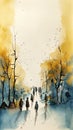 Silhouettes of Refugees Walking Up a Road with Trees and Buildings in Blue Watercolor. Ideal for Humanitarian Campaigns.