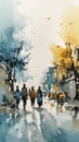 Silhouettes of Refugees Walking Up a Road with Trees and Buildings in Blue Watercolor. Ideal for Humanitarian Campaigns.