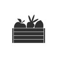 Silhouettes ripe fruits and vegetables in a wooden crate. Harvest icon. Apple, carrot and lemon in a wooden box.