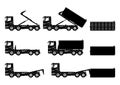 Silhouettes of roll on-off hook loading skip truck.