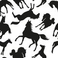 A pattern of silhouettes of adult horses and foals.
