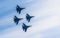 Silhouettes of russian fighter aircrafts in the sky Royalty Free Stock Photo