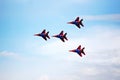 Silhouettes of russian fighter aircrafts in the sky