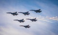 Silhouettes of russian fighter aircrafts SU-27 in the sky