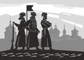 Silhouettes of Russian soldiers of the mid 17th century. Cossacks in Siberia